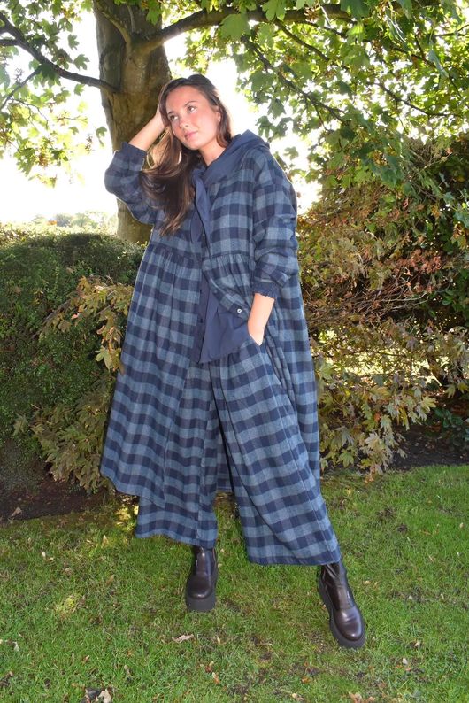 Nora Brushed Cotton Gingham Frock Coat Navy